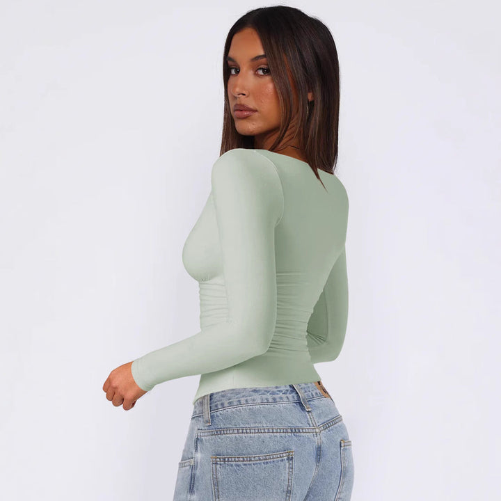 Women Fitted Long-Sleeve Top with V-Neckline and Gathers Lune London