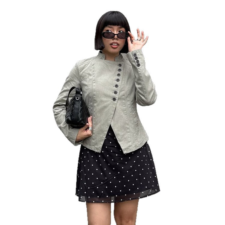 Women Asymmetrical Short Jacket with Double Decorative Button Placket and Stand Collar Amarae