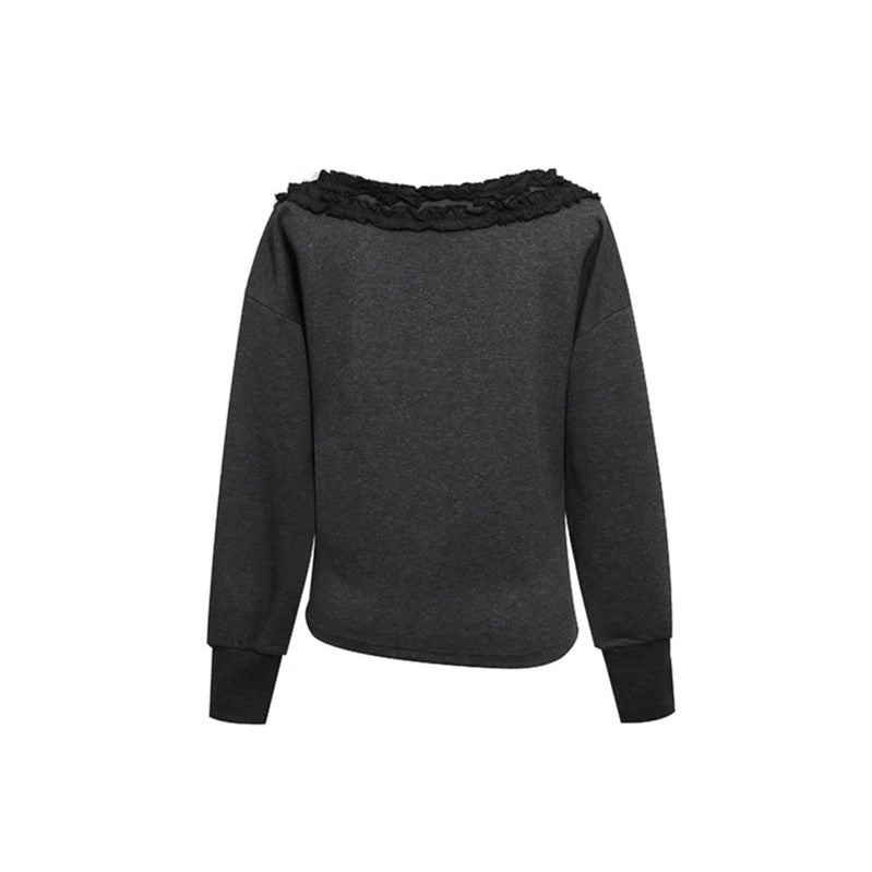 Women's sweatshirt with off-the-shoulder neckline, lace ruffle, and side gathers Amarae