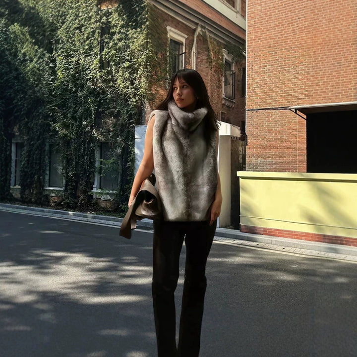 Women’s Sleeveless Faux Fur Vest with High Wrap Collar and Short Cut Amarae