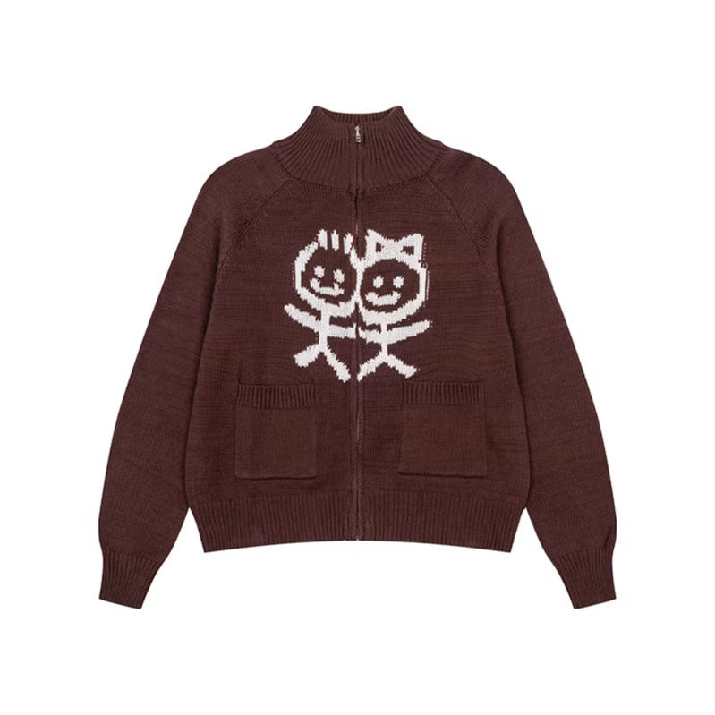 Women's chunky knit zip cardigan with stand-up collar, patch pockets and cartoon intarsia Amarae