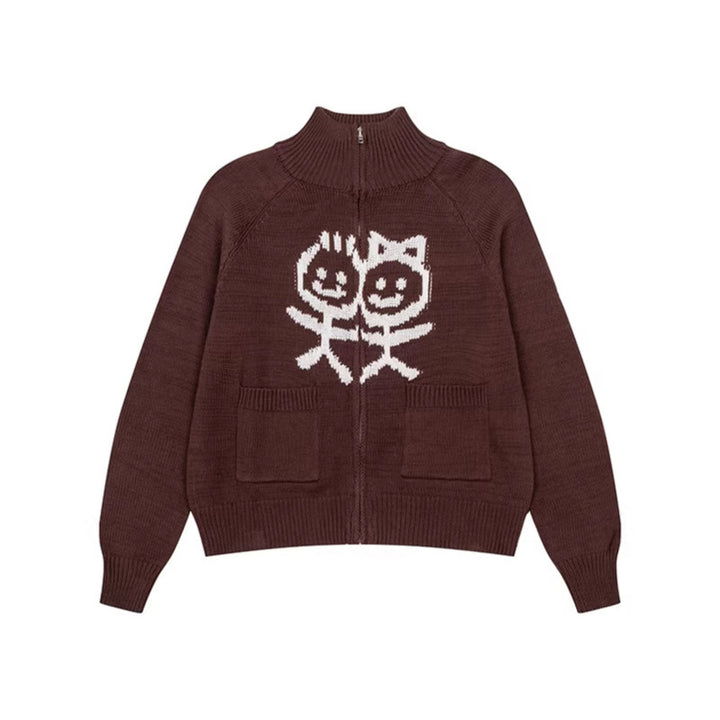 Women's chunky knit zip cardigan with stand-up collar, patch pockets and cartoon intarsia Amarae