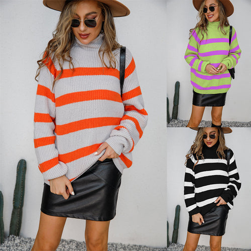 Pull à col roulé décontracté pour femmes avec des motifs rayés à la mode et coupe oversized Chic & Stil