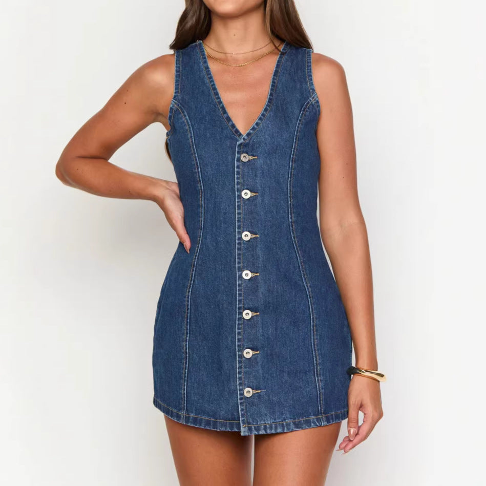 Women’s Denim Dress with V-neck and Button Placket Lune London