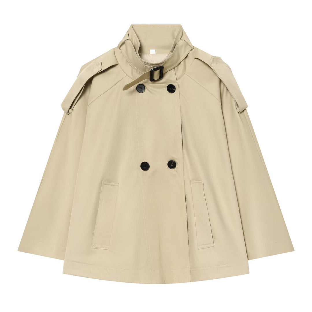 Women Short Trench Cape Jacket with Stand-Up Collar and Double-Breasted Button Placket Amarae