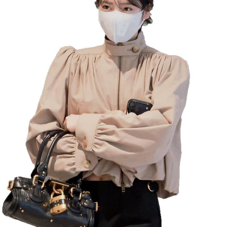 Women Lightweight Blouson Jacket with Balloon Sleeves and Stand-up Collar Amarae