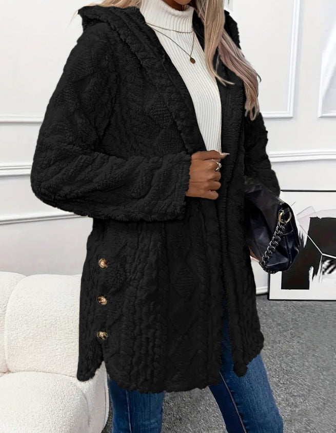 Ladies oversized cozy coat with hood and button placket Amarae