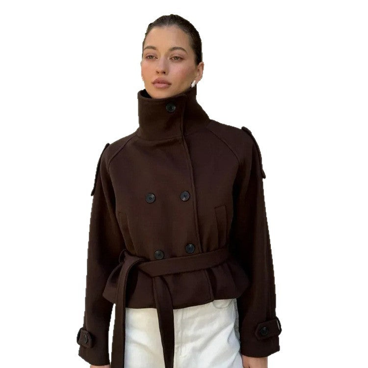 Ladies short cut wool blend jacket with high stand-up collar and waist belt Amarae