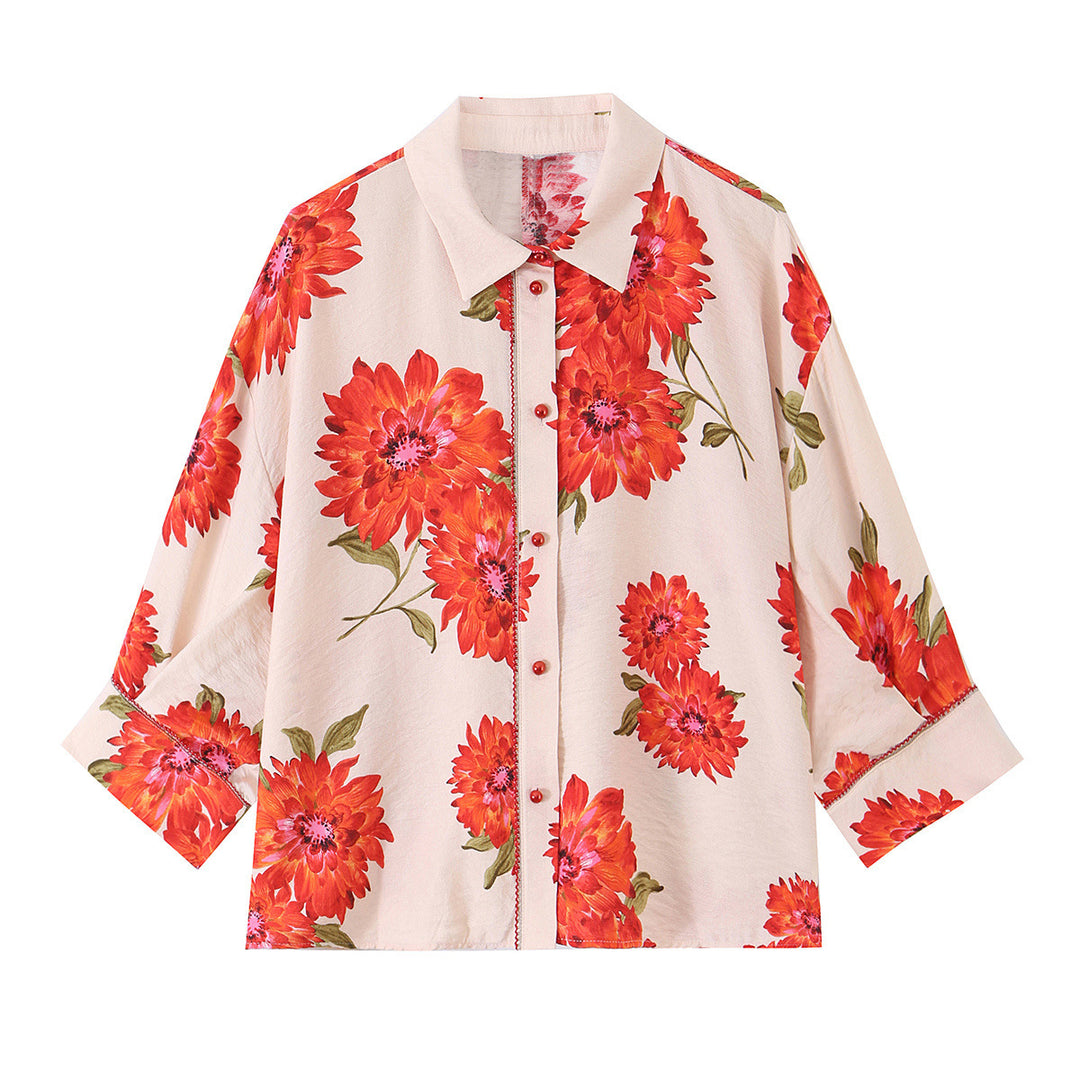 Women's oversized blouse with floral print, full button placket and three-quarter sleeves Amarae