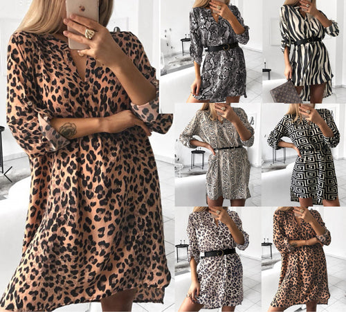 Shirt dress for women with geometric pattern and waist belt Amarae