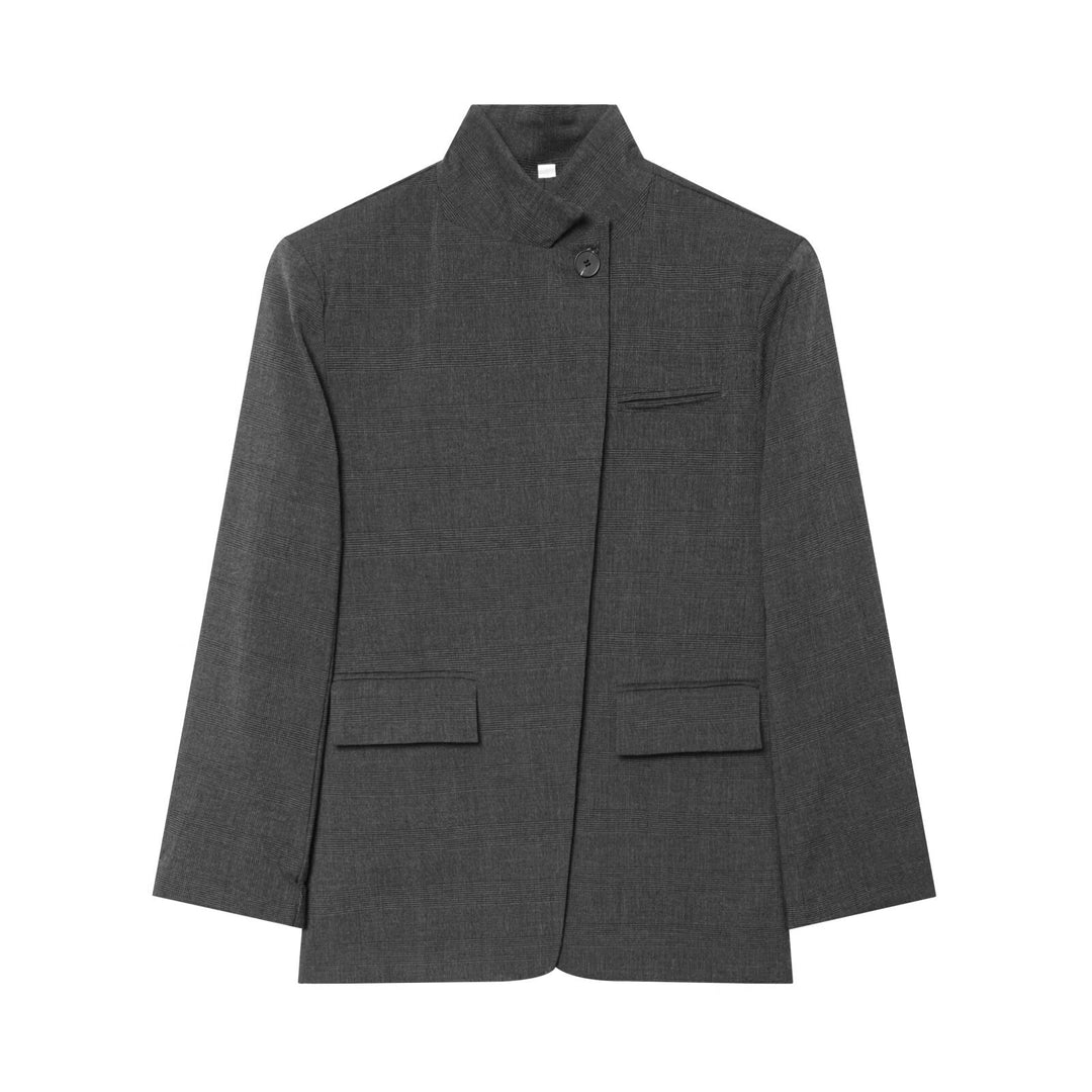 Women Checked Long Blazer with Stand Collar, Concealed Button Placket and Flap Pockets Amarae