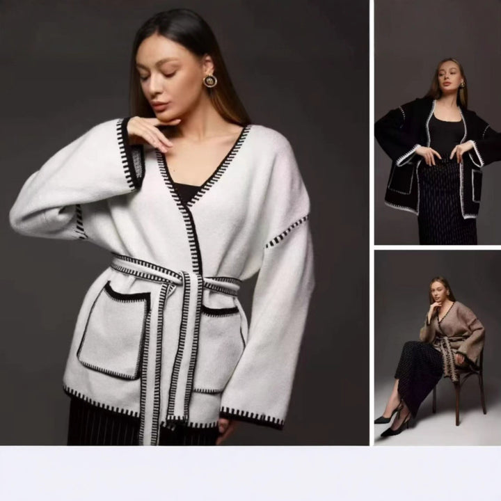 Thick knitted coat for women with practical belt and pockets Lune London