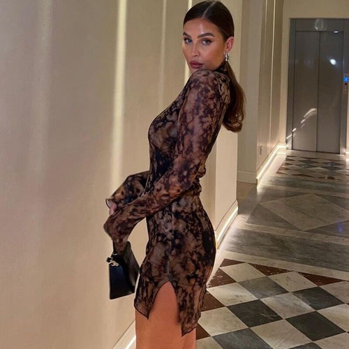 Amarae flattering mini dress for ladies with lace inserts and high slit