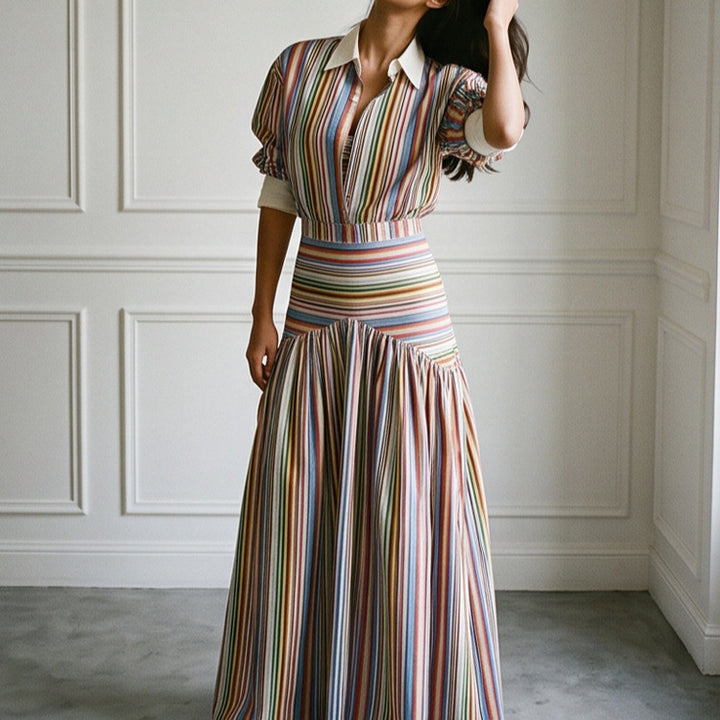 Women’s maxi dress with shirt collar, fitted waistband & layered tiered skirt Amarae