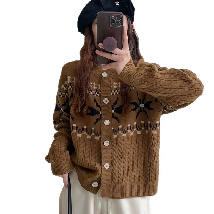 Womens knit jacket with folk pattern and high-quality braid structure Lune London