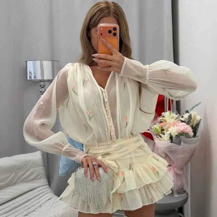 Ladies Two-Piece Chiffon Set with Embroidered Sheer Blouse and Ruffled Mini Skirt Amarae