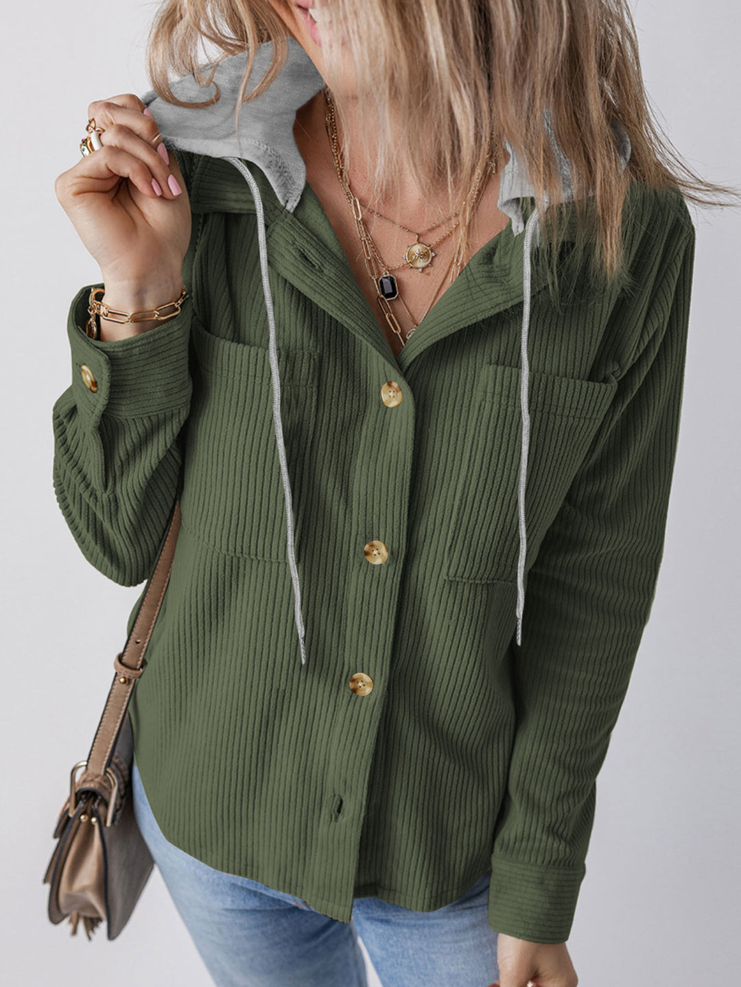 Ladies Casual Long Jacket with Hood and Button Details Lune London