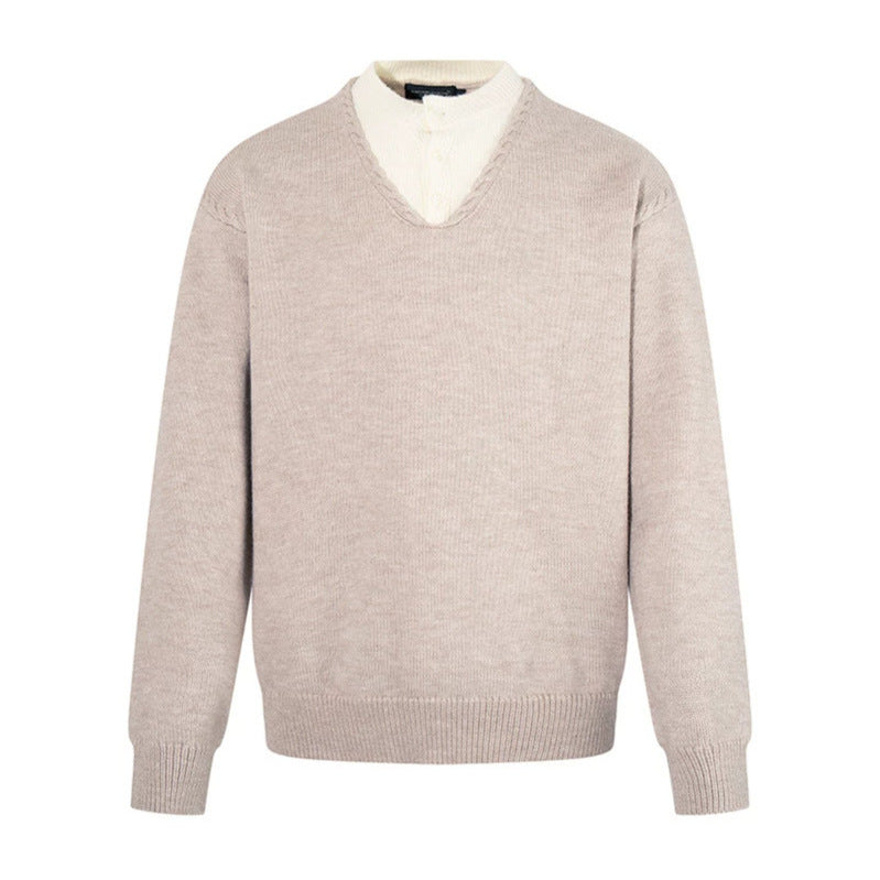 Men's Fine V-Neck Sweater with Layered Look and Stand-Up Collar Inner Part Amarae
