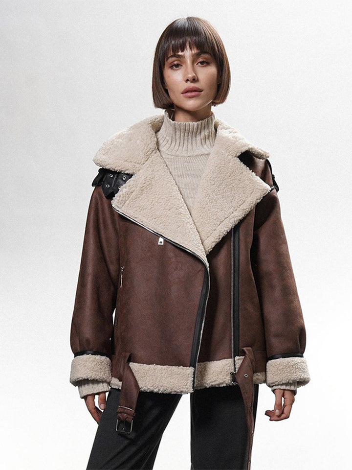 Women's Oversized Biker Jacket with Teddy Fur Lining and Adjustable Belts Amarae