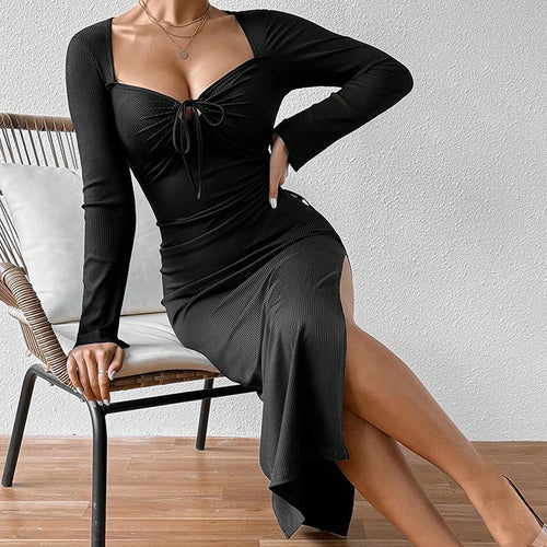 Robe à manches longues côtelée pour femme avec cordon de serrage ajustable Chic & Stil
