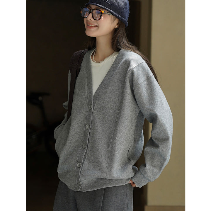 Women's Short-Cut Boxy Cardigan made of French Terry with Deep V-Neck Dress