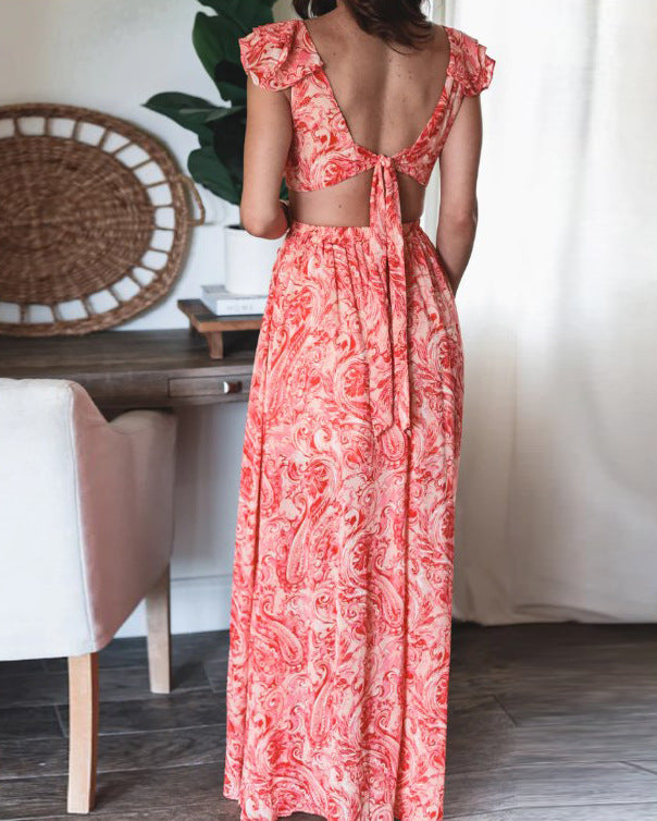 Women's Boho Maxi Dress with Playful Ruffle Details and Shimmering Belt