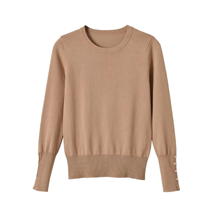 Women's fine knit pullover with stripe pattern, round neckline and decorative button detail Amarae