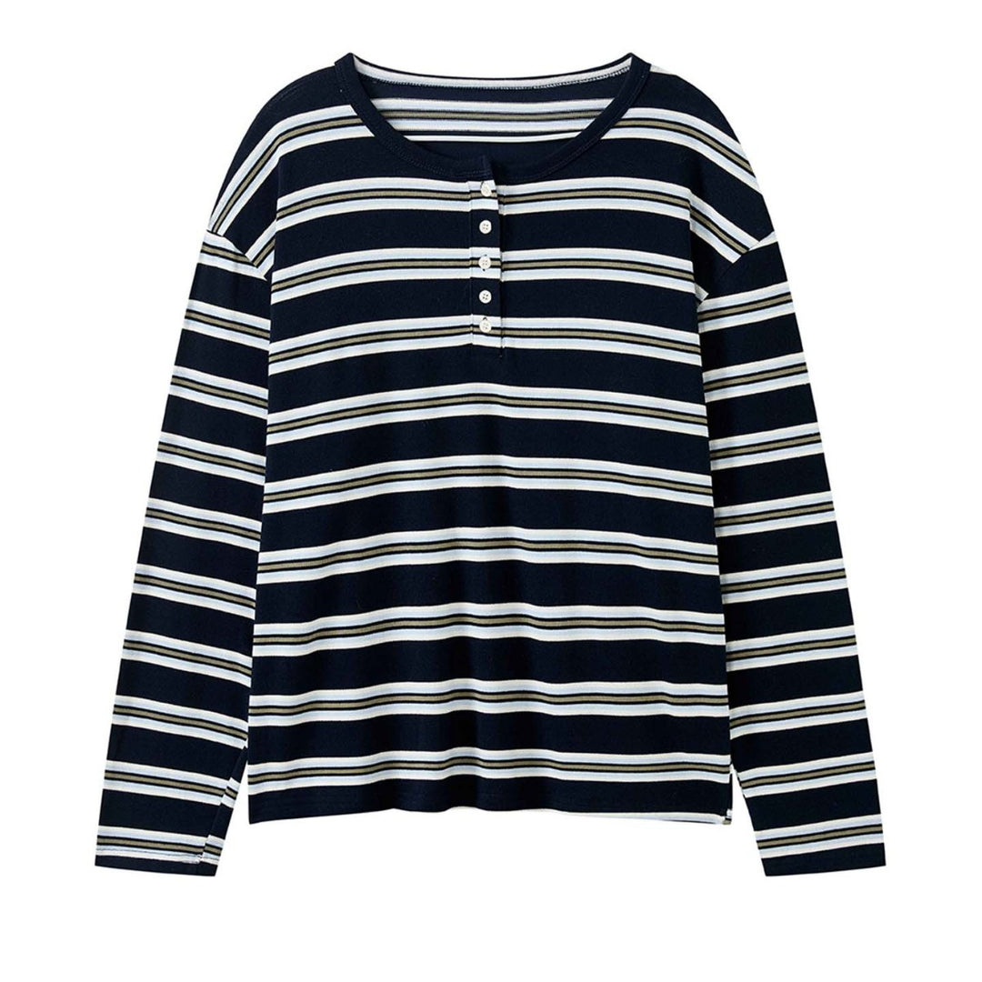 Women Striped Oversized Long Sleeve Shirt with Henley Button Placket Amarae