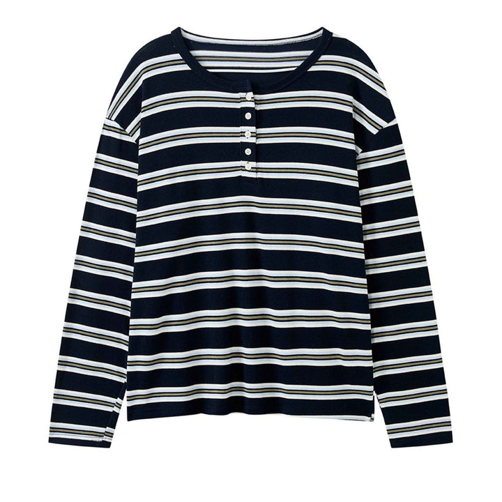 Women Striped Oversized Long Sleeve Shirt with Henley Button Placket Amarae