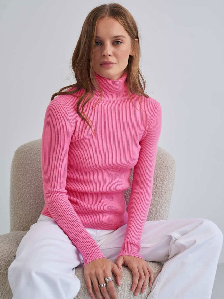 Elegant ribbed blouse for women with high collar and fitted cut Lune London