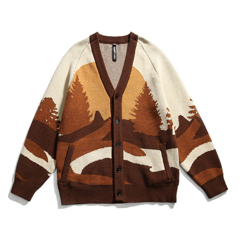 Unisex Chunky Knit V-Neck Cardigan with Landscape Jacquard Pattern and Patch Pockets Amarae