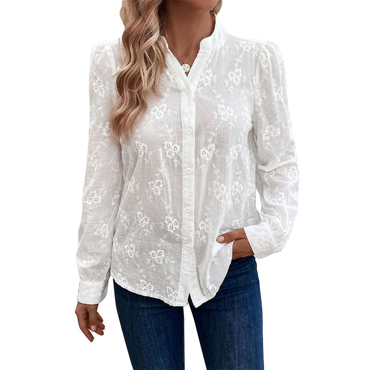 Elegant blouse for women with fine embroidery and high collar Lune London