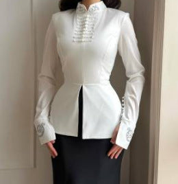 Women tailored satin jacket with mandarin collar, decorative cord closures and embroidered cuffs Amarae