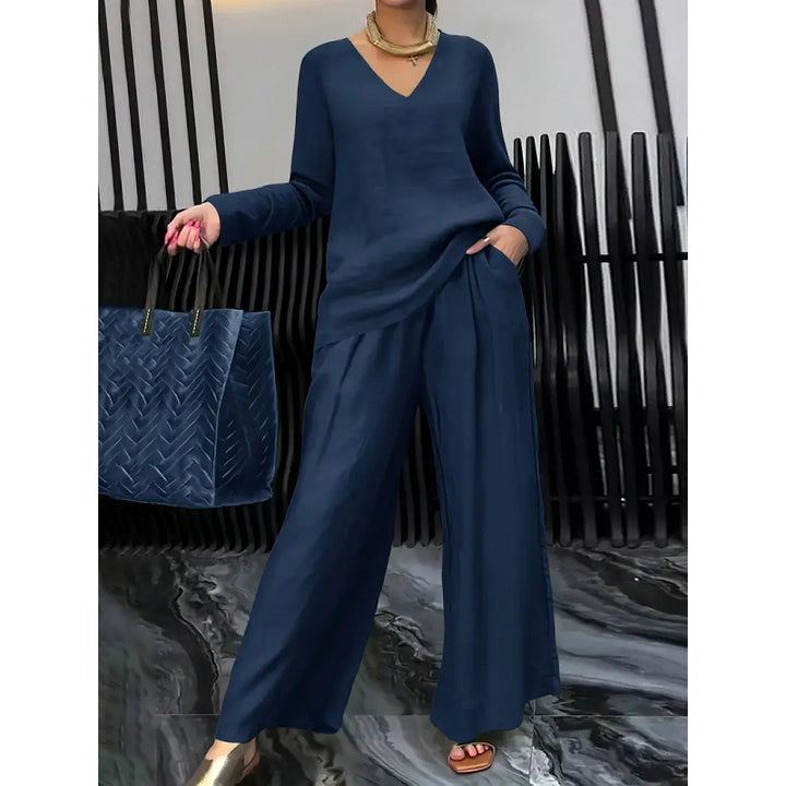 Women's Fine V-Neck Knit Sweater with Flowing Palazzo Pants Amarae