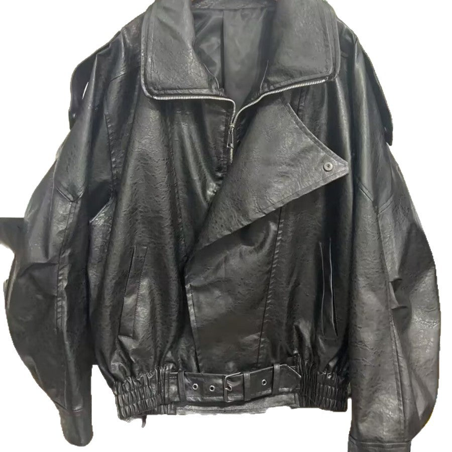 Lune London Women's Fashion Synthetic Leather Jacket with Asymmetrical Cut and Decorative Belt