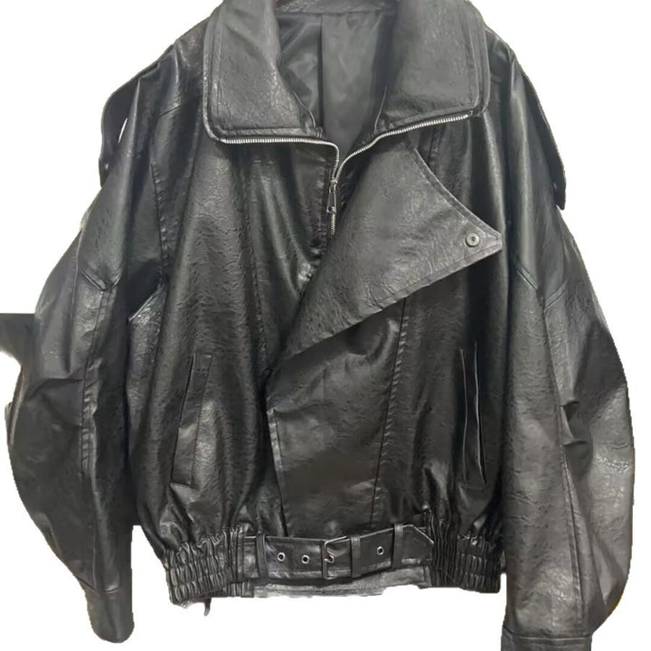 Lune London Women's Fashion Synthetic Leather Jacket with Asymmetrical Cut and Decorative Belt