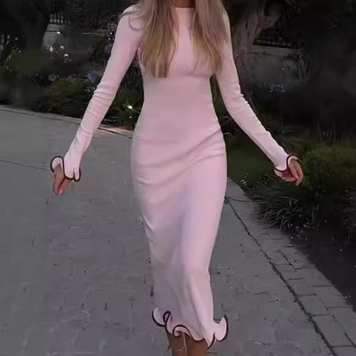 Ladies Elegant Midi Dress with Long Sleeves and Playful Chic Hem and Style