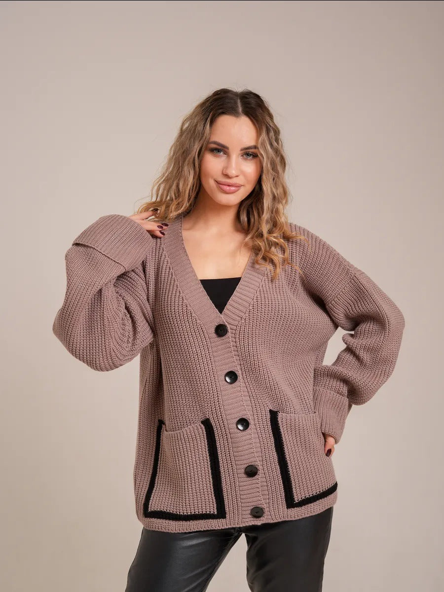 Ladies chunky knit cardigan with large pockets and decorative button Lune London