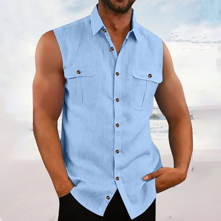 Sleeveless chambray shirt for men with chest pockets and button details Lune London
