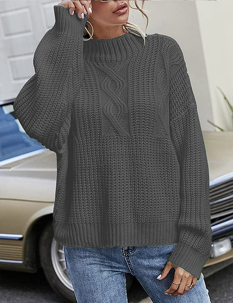 Chunky knit sweater for women with cable design and high collar Lune London