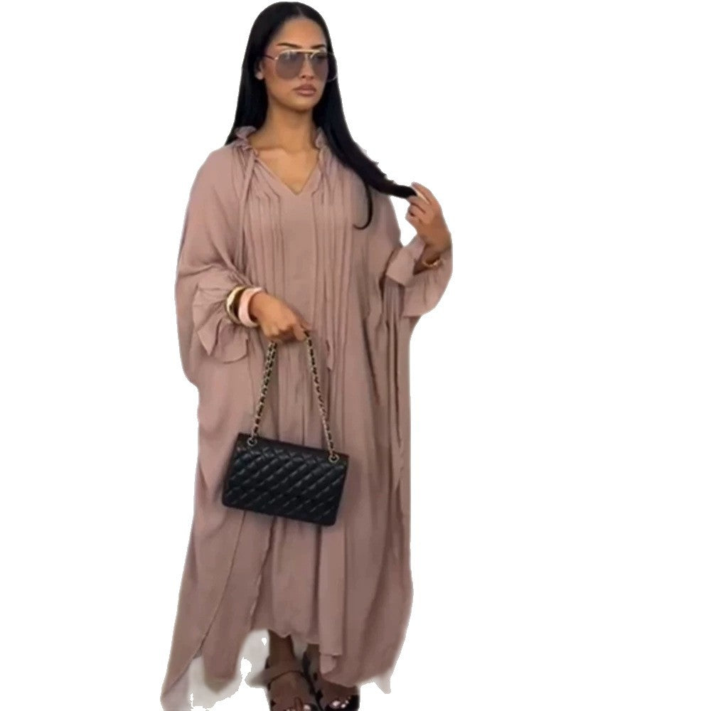 Women's maxi dress in kaftan style with ruffled collar, tie straps, and voluminous sleeves Amarae