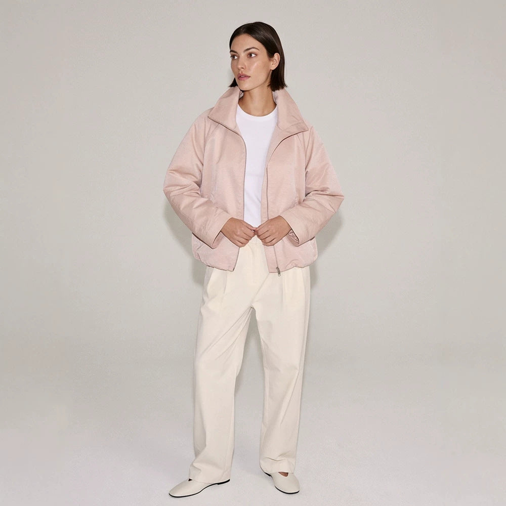 Women's light transitional jacket with high stand-up collar, raglan sleeves, and ballooned hem Amarae