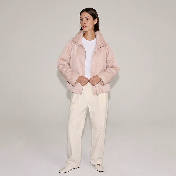 Women's light transitional jacket with high stand-up collar, raglan sleeves, and ballooned hem Amarae