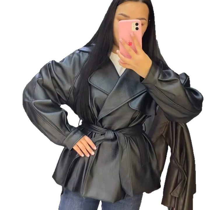 Women's Short Faux Leather Wrap Jacket with Waist Belt and Oversized Lapel Amarae