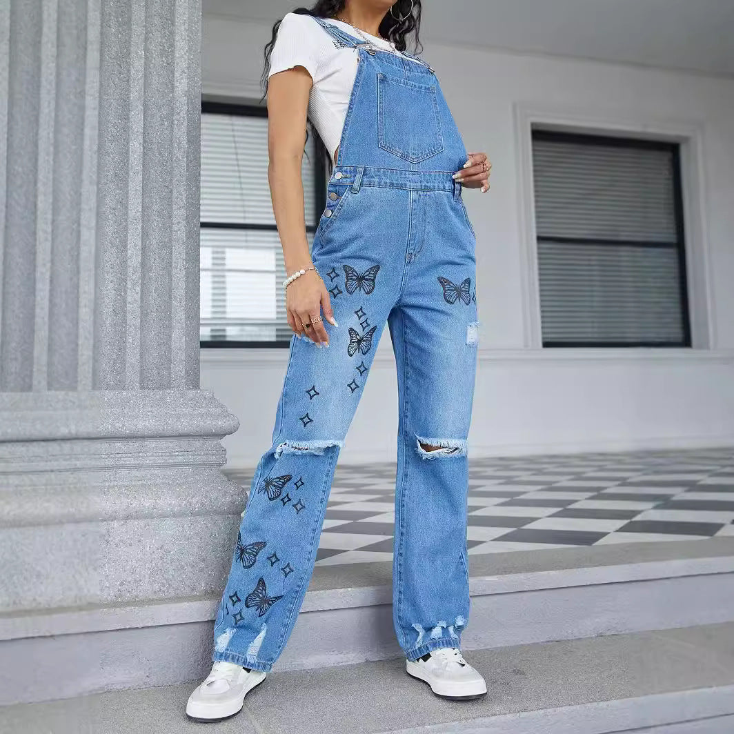 Women Casual Denim Overalls with Butterfly Print, distressed Knee & Wide Leg Amarae