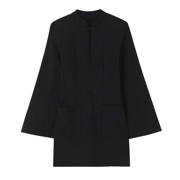 Women’s Mid-Length Coat with Stand Collar, traditional Knot closures and straight cut Amarae
