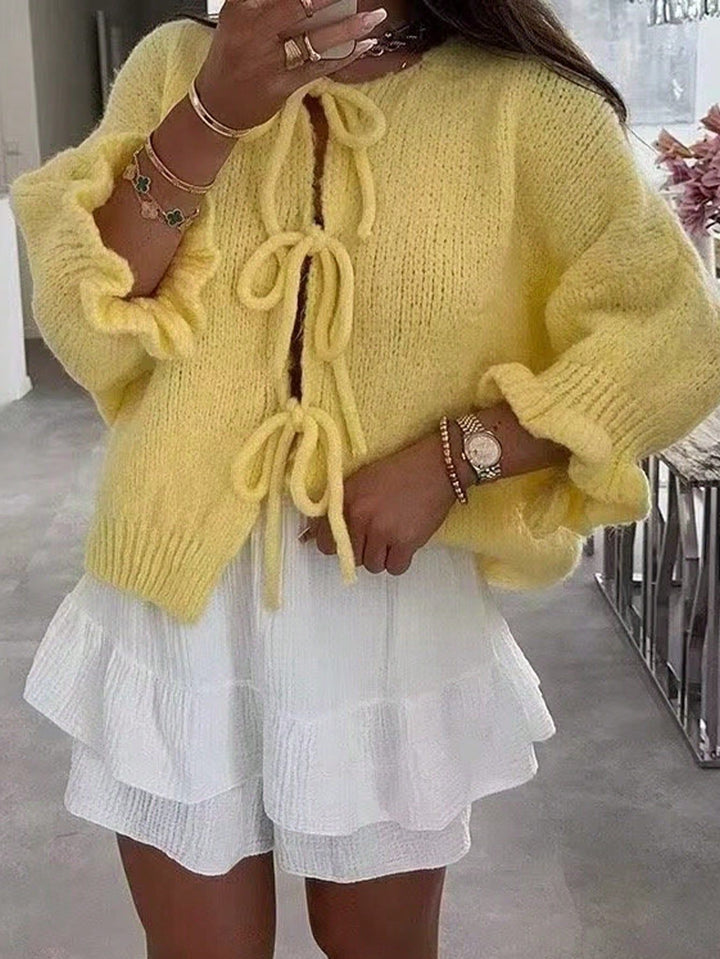 Women's Cozy Short Knit Cardigan with Tie Details, Ruffle Sleeves, and Loose Oversized Cut Amarae