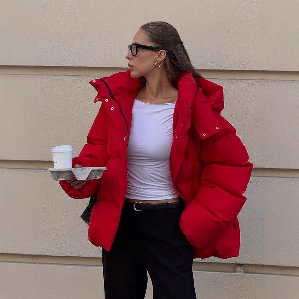 Women Short Cut Quilted Winter Jacket with High Collar Hood and Padded Thermal Lining Amarae