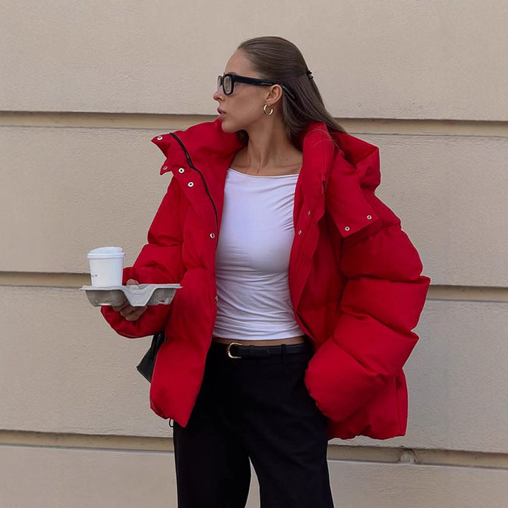 Women Short Cut Quilted Winter Jacket with High Collar Hood and Padded Thermal Lining Amarae