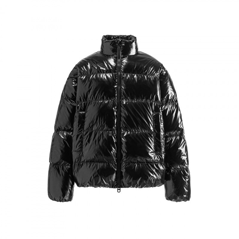 Unisex Glossy Quilted Puffer Jacket in Boxy Cut with Stand-Up Collar and Two-Way Zipper Amarae